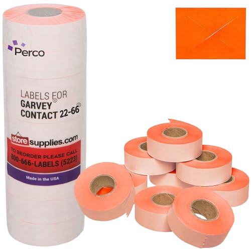 Perco Fluorescent Red Garvey 2216 Pricing Labels for Garvey 22-66/22-77/22-88 Two Line Pricing Gun - 9 Rolls, 1 Sleeve - 9,000 Pricemarking Labels and 1 Inker Included - Image 1
