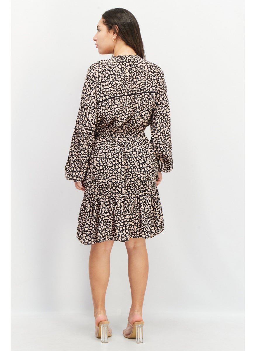 EDC Women High Neck Long Sleeve Allover Print Midi Dress, Black  - Image 2