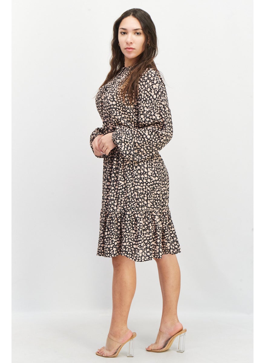 EDC Women High Neck Long Sleeve Allover Print Midi Dress, Black  - Image 3