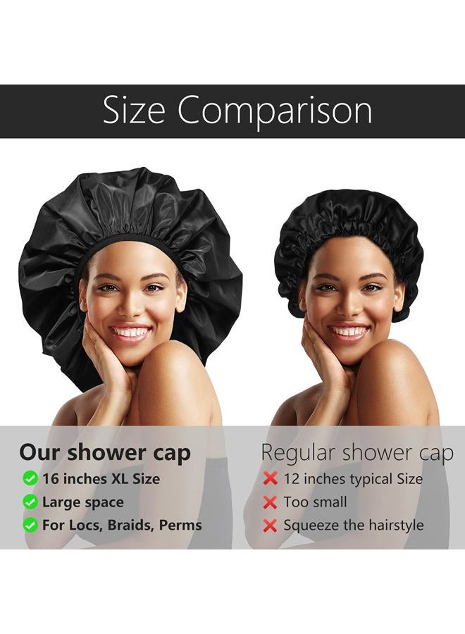 Auban Extra Large Shower Cap, Double-Layer Waterproof Reusable, XL Satin Lining Shower Bonnet for Women Thick, Long Hair, Locs, Braids(Black) - Image 4