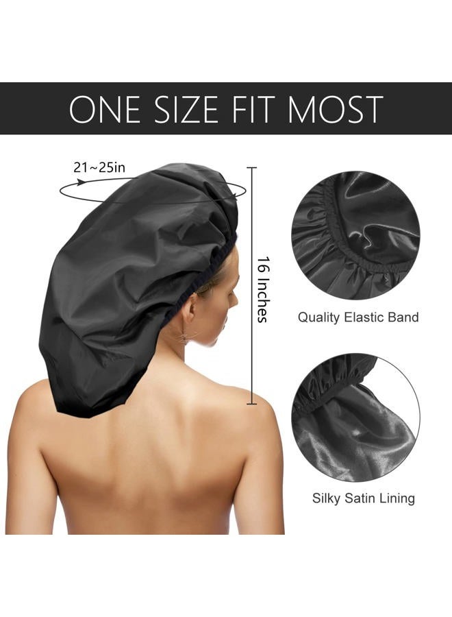 Auban Extra Large Shower Cap, Double-Layer Waterproof Reusable, XL Satin Lining Shower Bonnet for Women Thick, Long Hair, Locs, Braids(Black) - Image 2