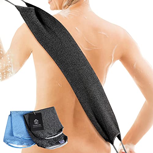 CASAVIDA Back Scrubber for Shower Nylon Bath Towel Washer Exfoliating Washcloth Rear Japanese Stretchable Strap Wash Cloth Body Exfoliation 2 Pack (Blue + Charcoal Gray) - Image 1