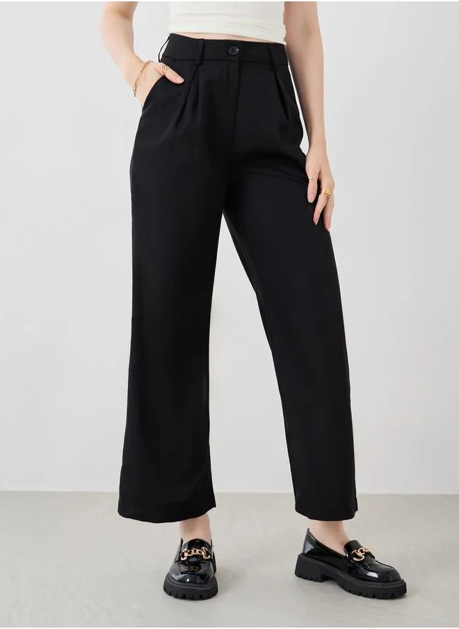تايك تو Take Two Black Solid Pleated Loose Fit Pants