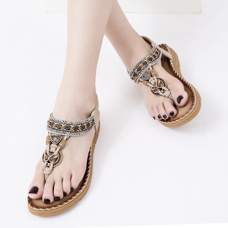 Aomigoct Sandals Women Flat Shoes: Dressy Summer Bohemian Flats Shoes for Women Sandals Comfortable Ankle Strap Outdoor Walking - Image 2