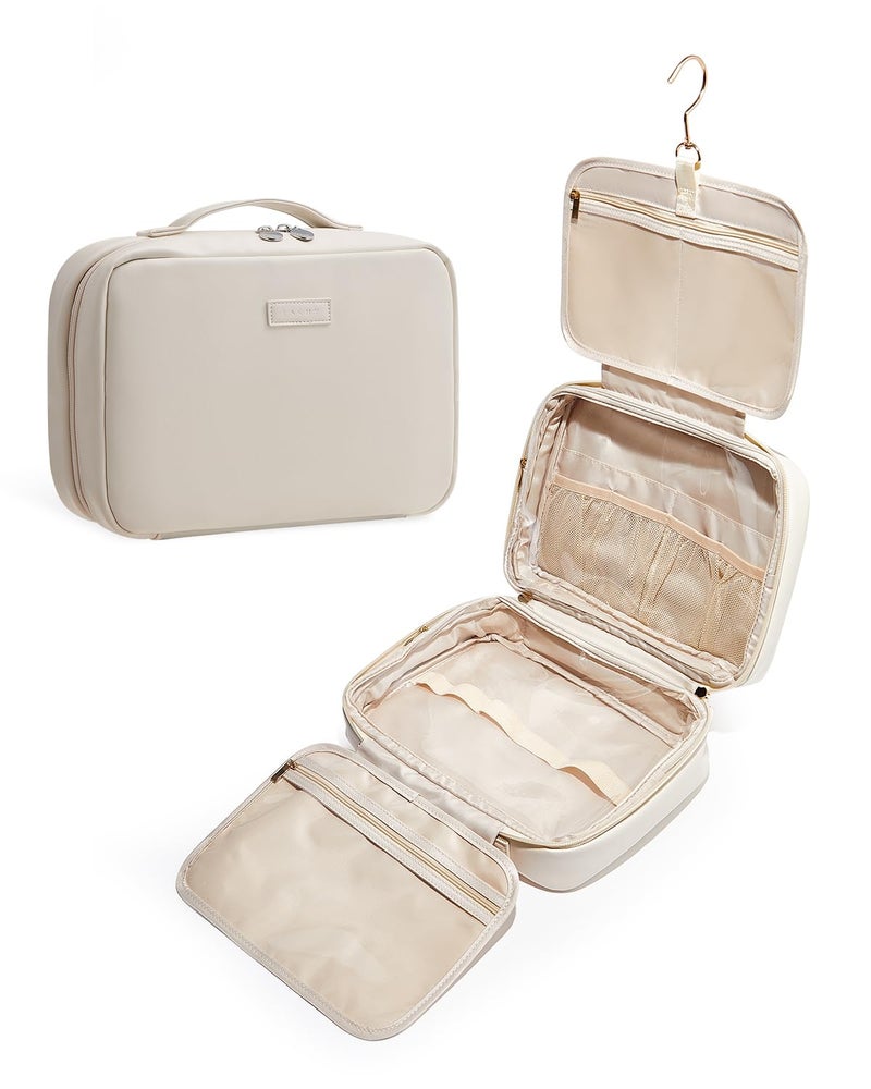 EACHY Toiletry Bag with Hanging Hook, Travel Makeup Bag PU Leather Cosmetic Bags for Women Make Up Organizer with 4 Compartments Waterproof Full-Size Portable Travel Essentials (Beige) - Image 1