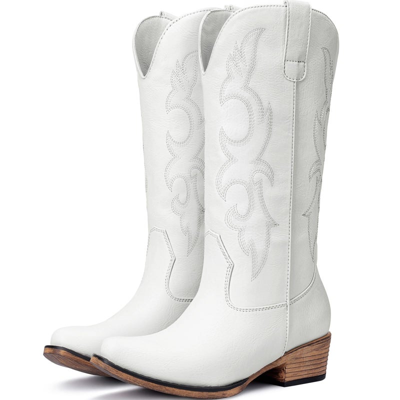 Choiran White Cowboy Boots for Women - Embroidered Cowgirl Carter Outfits Boots Western Mid Calf Cowboy Carter Fashion Chunky Heel Pointed Toe Country Boot 8 - Image 1