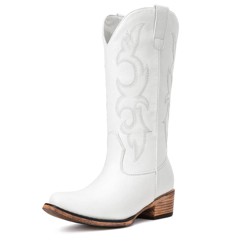 Choiran White Cowboy Boots for Women - Embroidered Cowgirl Carter Outfits Boots Western Mid Calf Cowboy Carter Fashion Chunky Heel Pointed Toe Country Boot 8 - Image 4
