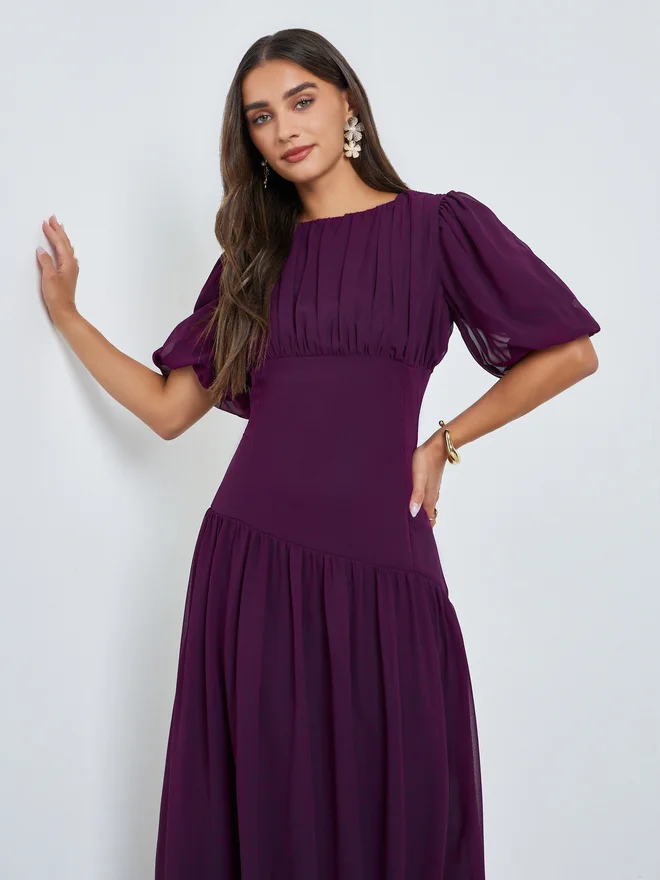 Styli  Styli Purple Fold Pleat Chiffon Maxi Dress for Women | Best Price UAE