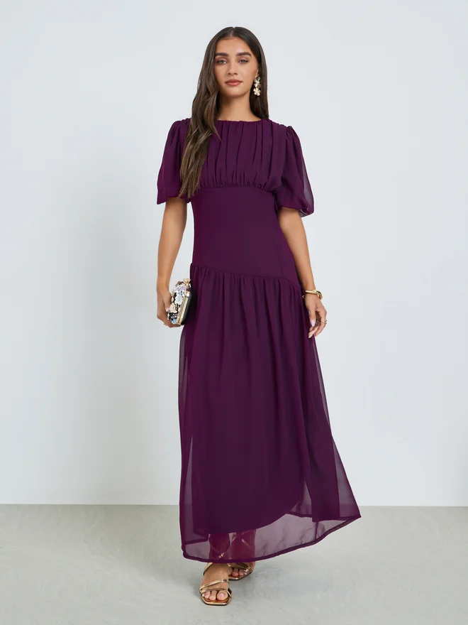 Styli Purple Fold Pleat Chiffon Maxi Dress