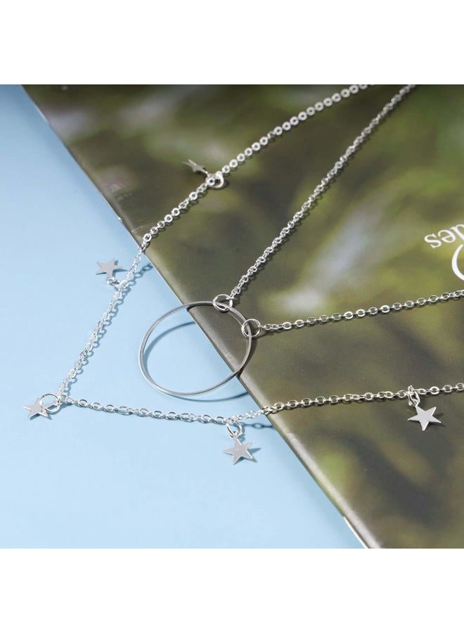 Yheakne Boho Dangle Star Choker Necklace Silver Layered Circle Necklace Karma Necklace Personlized Eternity Necklace Chain Jewelry for Women and Girls Gifts  - Image 4