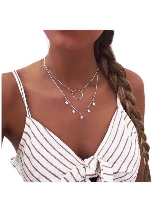 Yheakne Boho Dangle Star Choker Necklace Silver Layered Circle Necklace Karma Necklace Personlized Eternity Necklace Chain Jewelry for Women and Girls Gifts  - Image 1