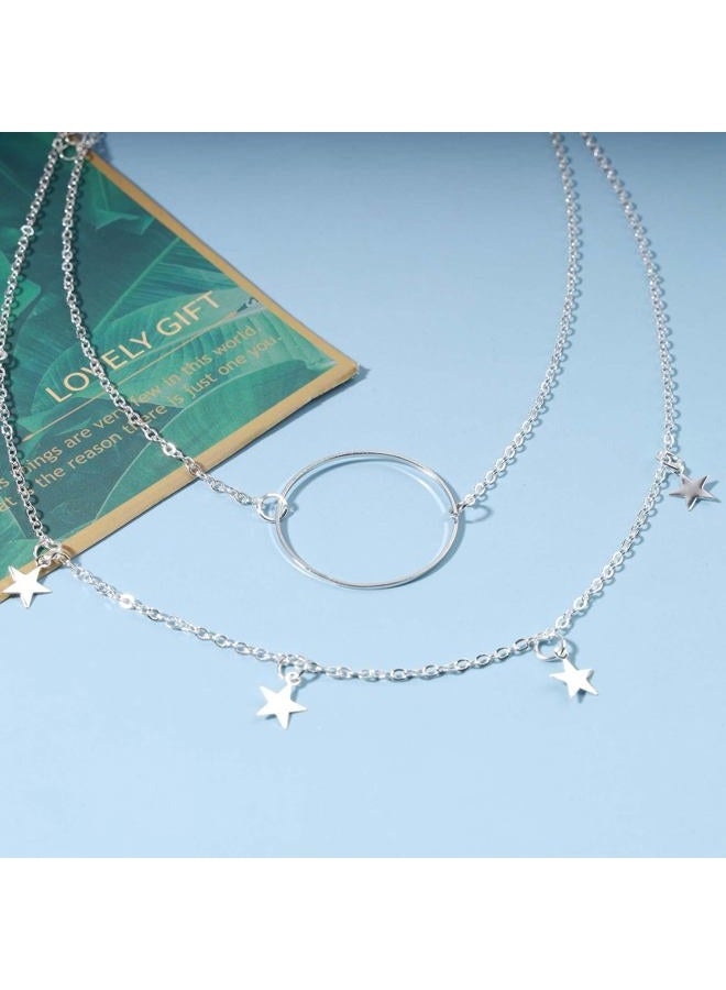 Yheakne Boho Dangle Star Choker Necklace Silver Layered Circle Necklace Karma Necklace Personlized Eternity Necklace Chain Jewelry for Women and Girls Gifts  - Image 5