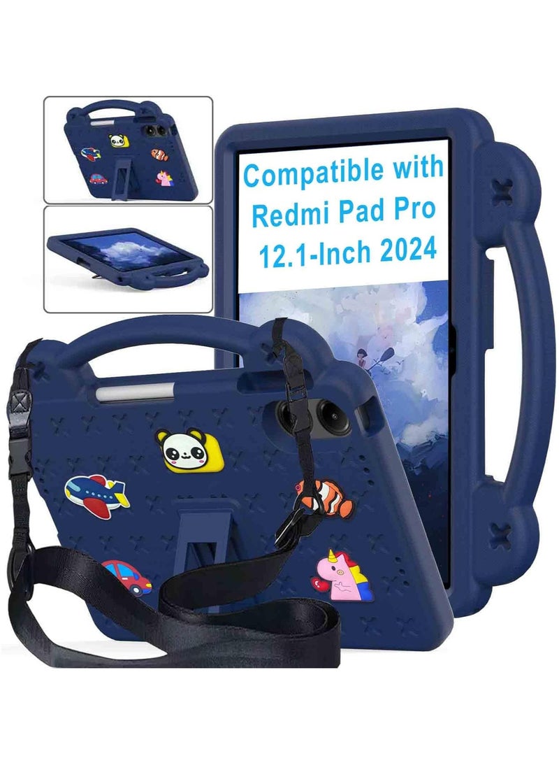 VKL Kids Case Compatible with Xiaomi Redmi Pad Pro 12.1 Inch 2024, Durable Lightweight Shockproof Case with Pen Holder, Handle Stand, Shoulder Strap, Navy Blue - Image 1
