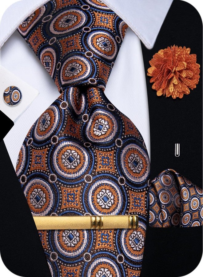 YourTies Men Orange Blue Tie Silk Ties and Pocket Square Woven Floral Wedding Party Necktie with Gift Box Prom Party - Image 1