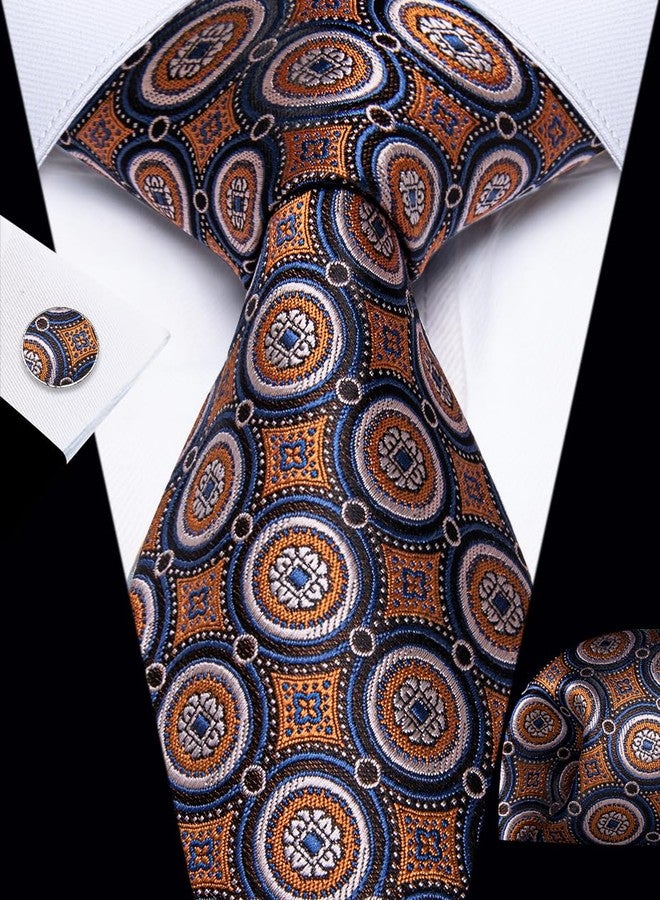 YourTies Men Orange Blue Tie Silk Ties and Pocket Square Woven Floral Wedding Party Necktie with Gift Box Prom Party - Image 2