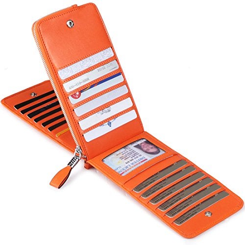 Huztencor Women's Credit Card Holder RFID Blocking Leather Multi Card Organizer Wallet Slim Long Zipper Bi-fold Business Card Case Clutch Wallet with ID Window Orange (FBA) - Image 2