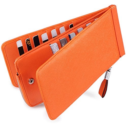 Huztencor Women's Credit Card Holder RFID Blocking Leather Multi Card Organizer Wallet Slim Long Zipper Bi-fold Business Card Case Clutch Wallet with ID Window Orange (FBA) - Image 1