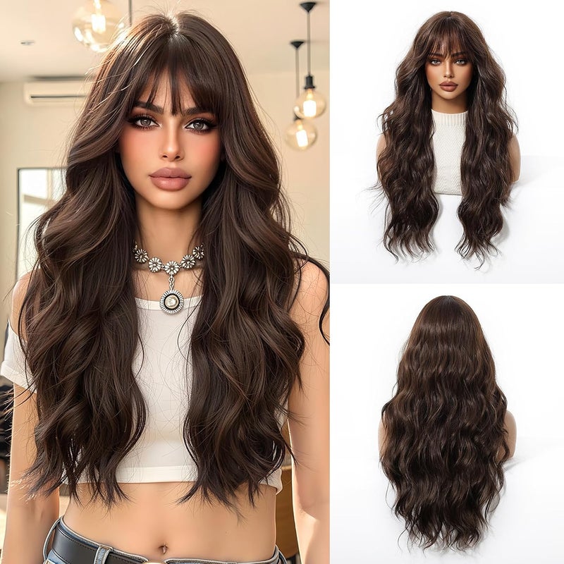 Esmee Long Wavy Brown Wigs for Women with Fringe Natural Synthetic Hair Wig for Daily Party Use