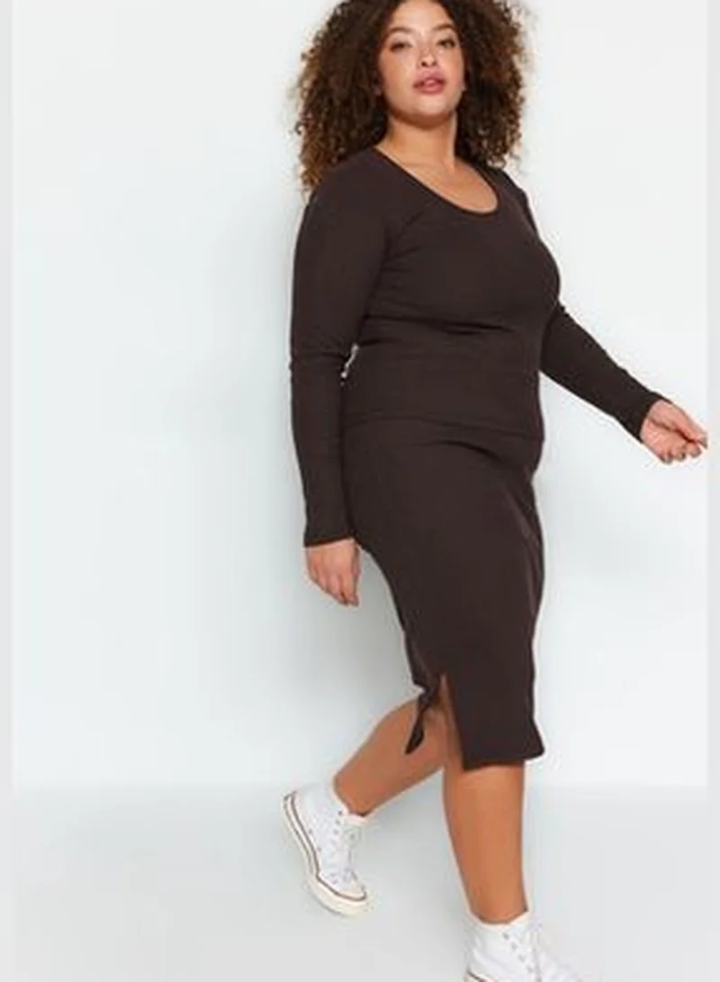 trendyol Brown Ribbed Knit Bottom-Top Set TBBAW24CP00014