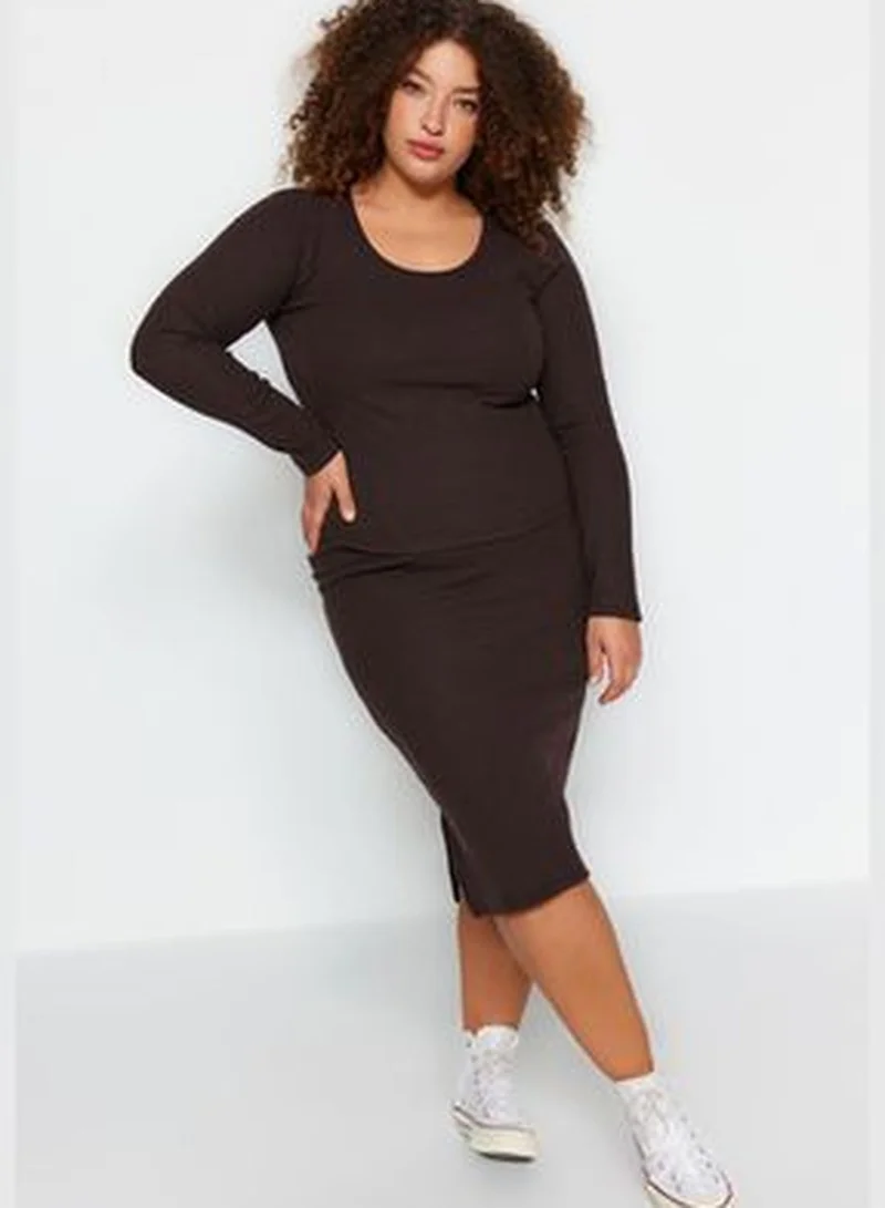 trendyol Brown Ribbed Knit Bottom-Top Set TBBAW24CP00014