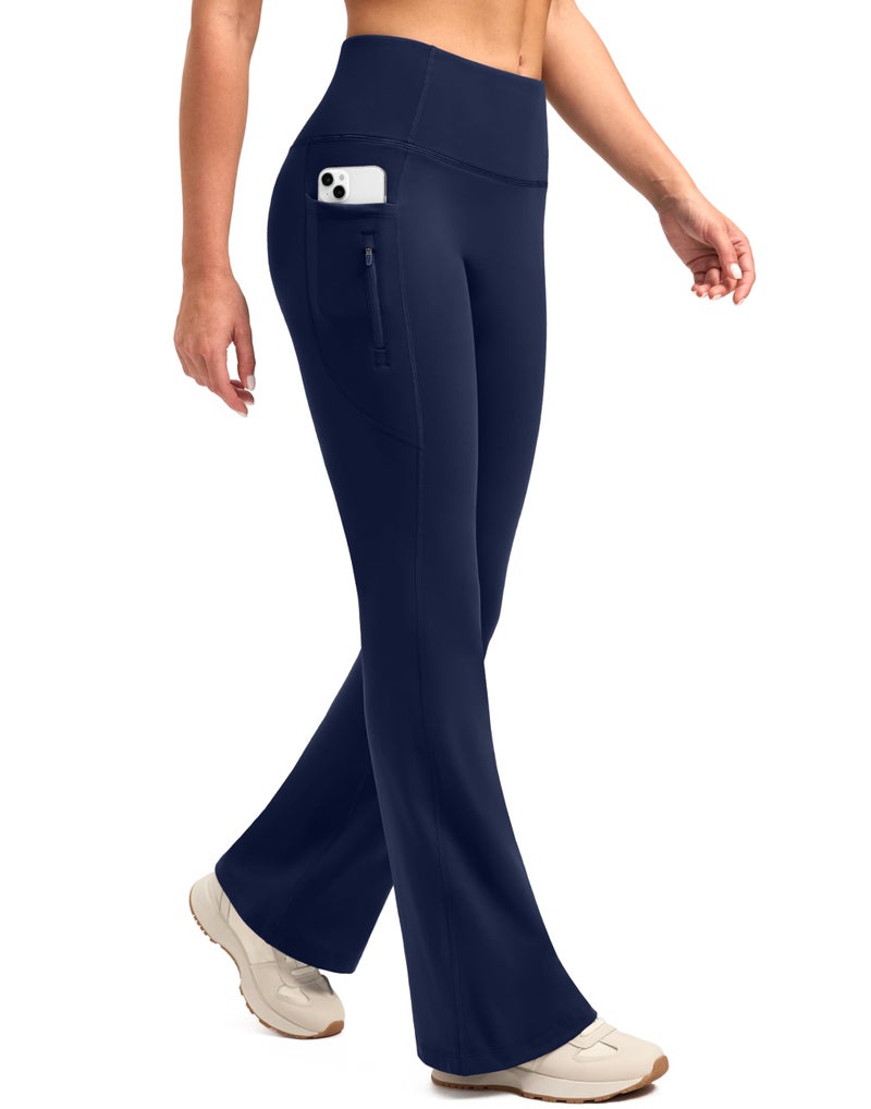 SANTINY Fleece Lined Flare Leggings Women 28.5/30.5/32 Water Resistant Winter Bell Bottom Hiking Yoga Pants with Pocketsï¼ˆNavy_28.5Sï¼‰ - Image 1