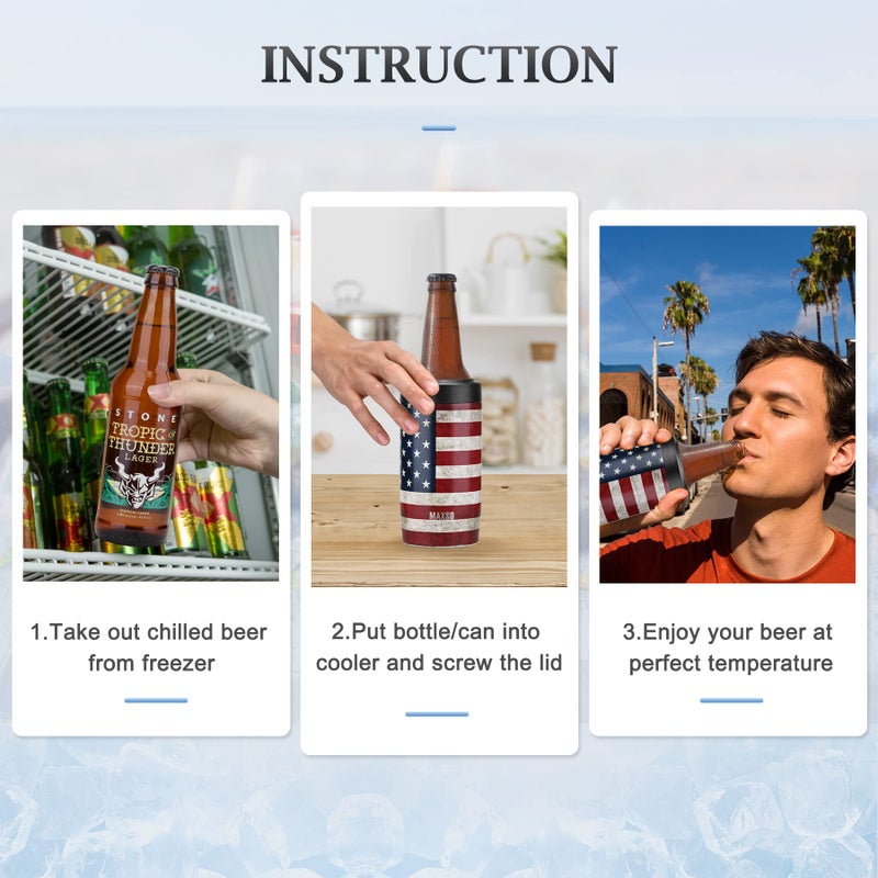 Maxso Slim Can Cooler, 4-in-1 Double Walled Stainless Steel Insulated Beer Can Holder, Works With All 12 Oz Cans,Bottles & As A Pint Cups - America Flag - Image 2