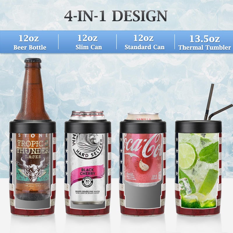 Maxso Slim Can Cooler, 4-in-1 Double Walled Stainless Steel Insulated Beer Can Holder, Works With All 12 Oz Cans,Bottles & As A Pint Cups - America Flag - Image 3