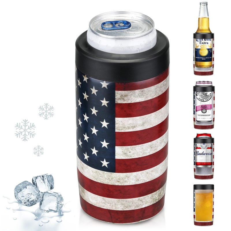 Maxso Slim Can Cooler, 4-in-1 Double Walled Stainless Steel Insulated Beer Can Holder, Works With All 12 Oz Cans,Bottles & As A Pint Cups - America Flag - Image 1