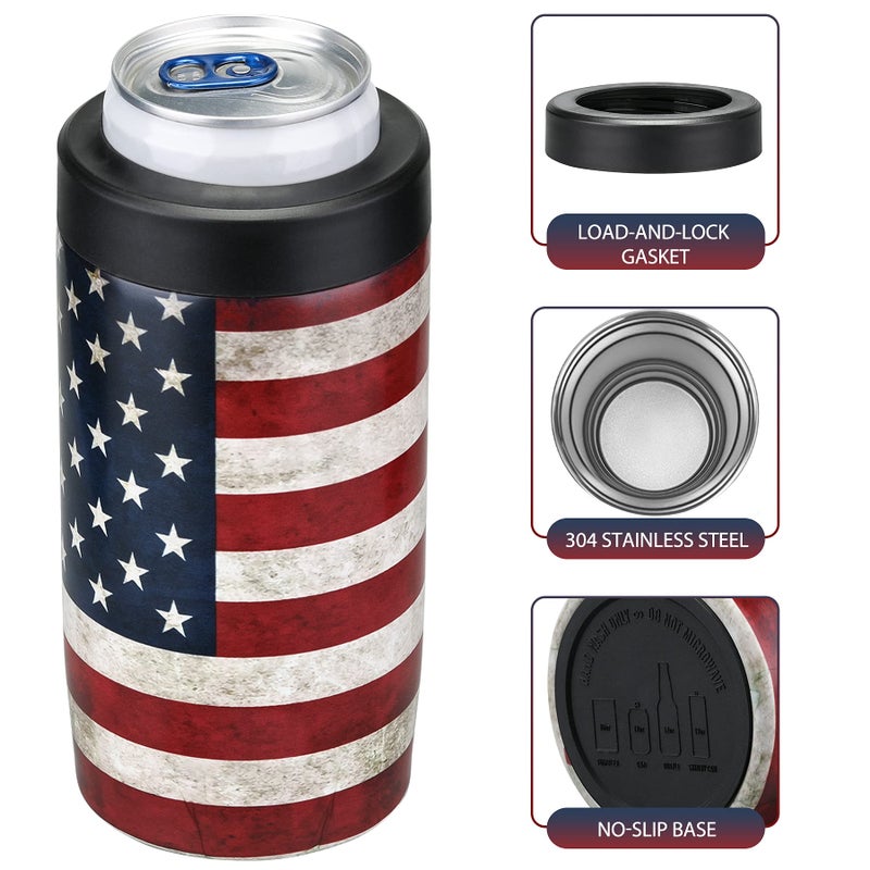 Maxso Slim Can Cooler, 4-in-1 Double Walled Stainless Steel Insulated Beer Can Holder, Works With All 12 Oz Cans,Bottles & As A Pint Cups - America Flag - Image 4
