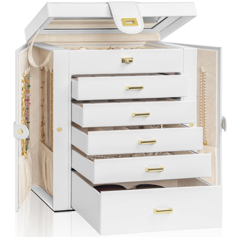 AKOZLIN صندوق مجوهرات كبير من AKOZLIN منظم وظيفي مع مرآة كبيرة حقيبة تخزين مجوهرات جلدية للنساء والفتيات حامل منظم للخواتم والقلائد والأقراط والأساور باللون الأبيض
