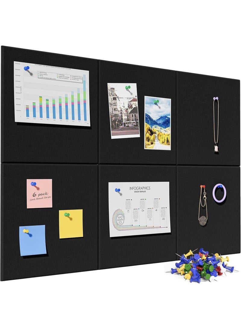 90cmx60cm Large Cork Board for Wall, Black Bulletin Board Felt Wall Tiles With 35 Pushpins Cork Board Alternative, Pin Board for Office and Walls, 6 Pack - Image 1