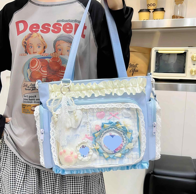 Winatehr cute kawaii ita bag crossbody tote bag, pin display with Insert bow large messenger bag crossbody, cute tote bags with zipper ruffle y2k, kpop japanese trendy purse aesthetic - Image 2