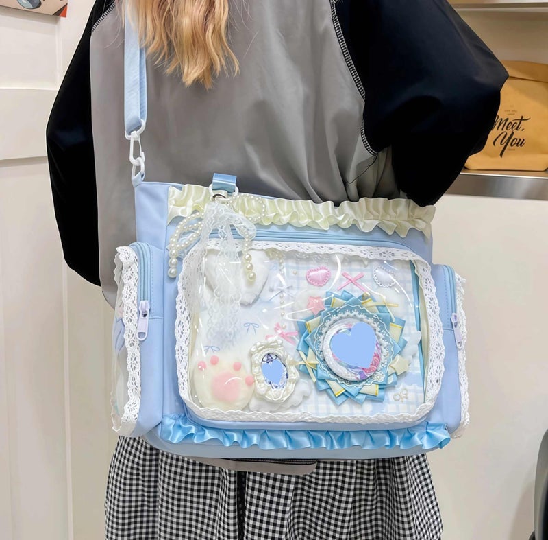 Winatehr cute kawaii ita bag crossbody tote bag, pin display with Insert bow large messenger bag crossbody, cute tote bags with zipper ruffle y2k, kpop japanese trendy purse aesthetic - Image 3