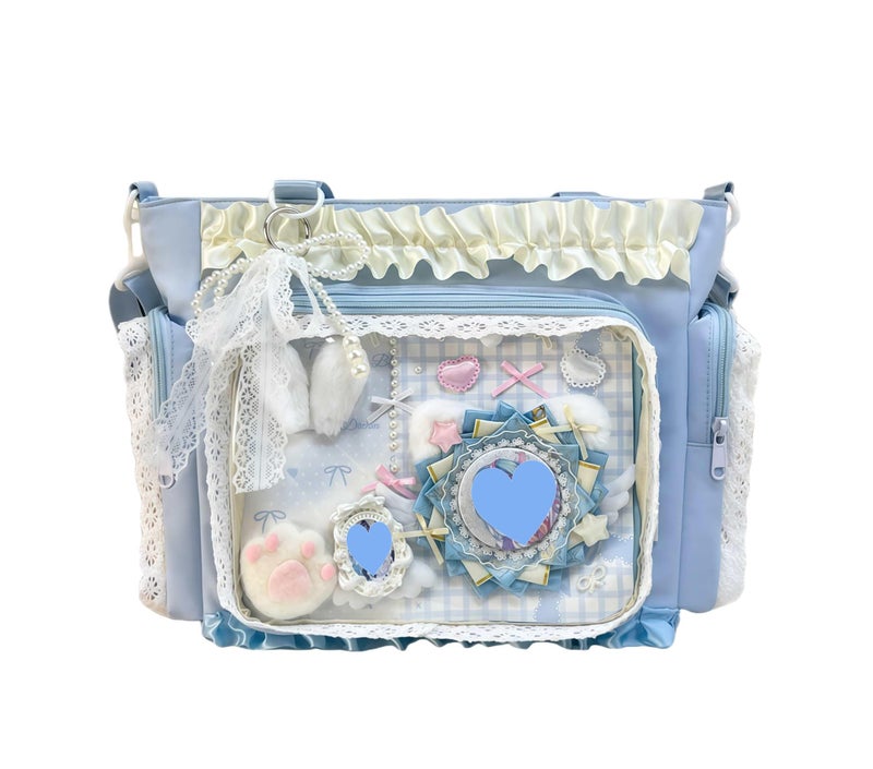 Winatehr cute kawaii ita bag crossbody tote bag, pin display with Insert bow large messenger bag crossbody, cute tote bags with zipper ruffle y2k, kpop japanese trendy purse aesthetic - Image 1