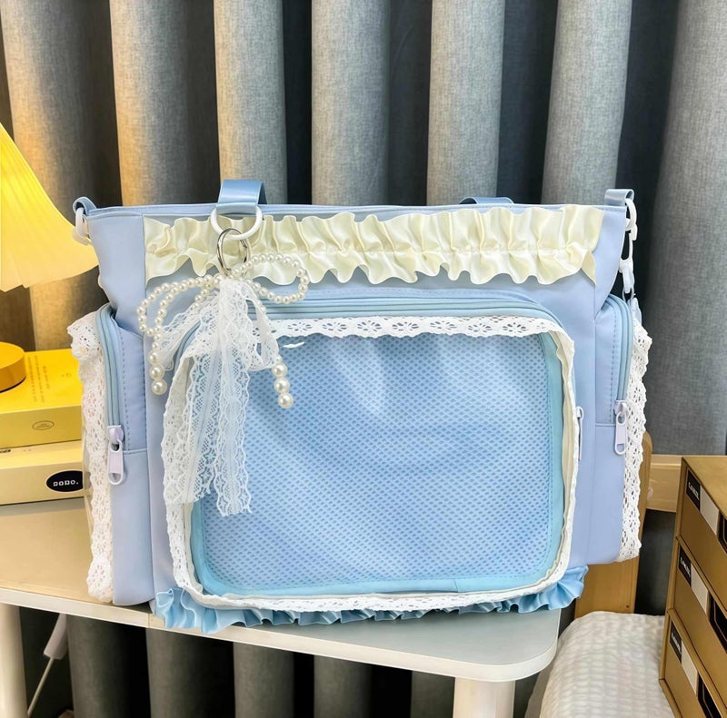 Winatehr cute kawaii ita bag crossbody tote bag, pin display with Insert bow large messenger bag crossbody, cute tote bags with zipper ruffle y2k, kpop japanese trendy purse aesthetic - Image 4