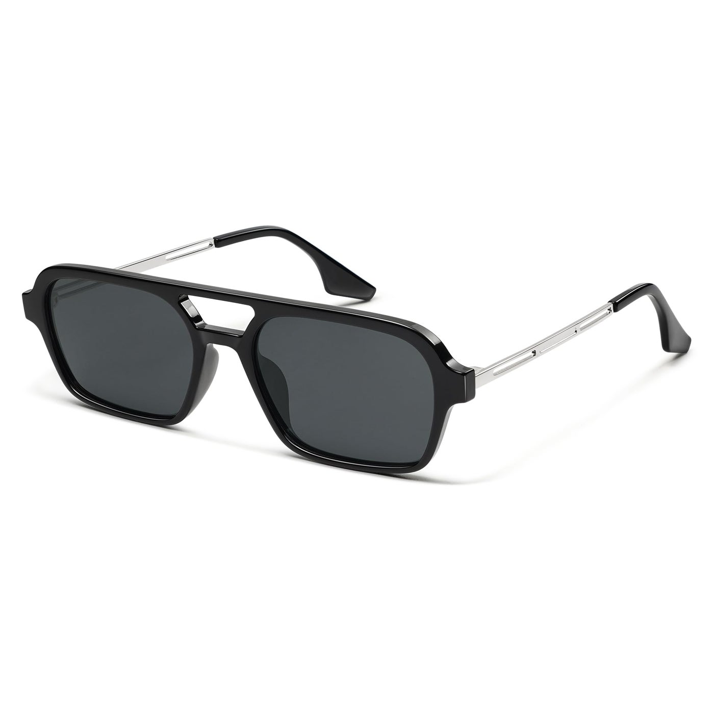 SOJOS Vintage Polarized Aviator Sunglasses for Women Men 70s Retro Flat Narraw Rectangular Womens Glasses SJ2186 with Black Frame/Grey Lens