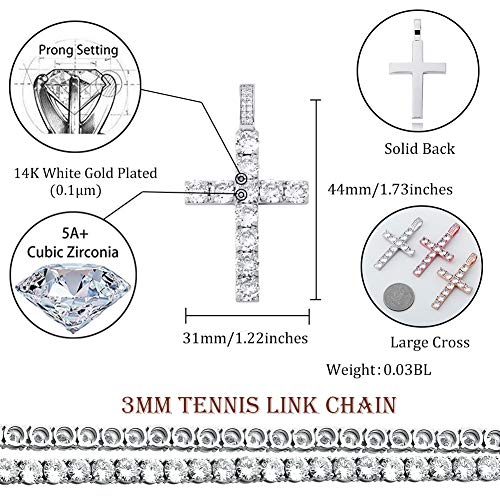 TOPGRILLZ 14K Gold Plated Solid Iced Out CZ Large Tennis Cross Pendant Necklace for Men Women Stainless Chain Gifts (Large Silver Tennis Chain) - Image 2