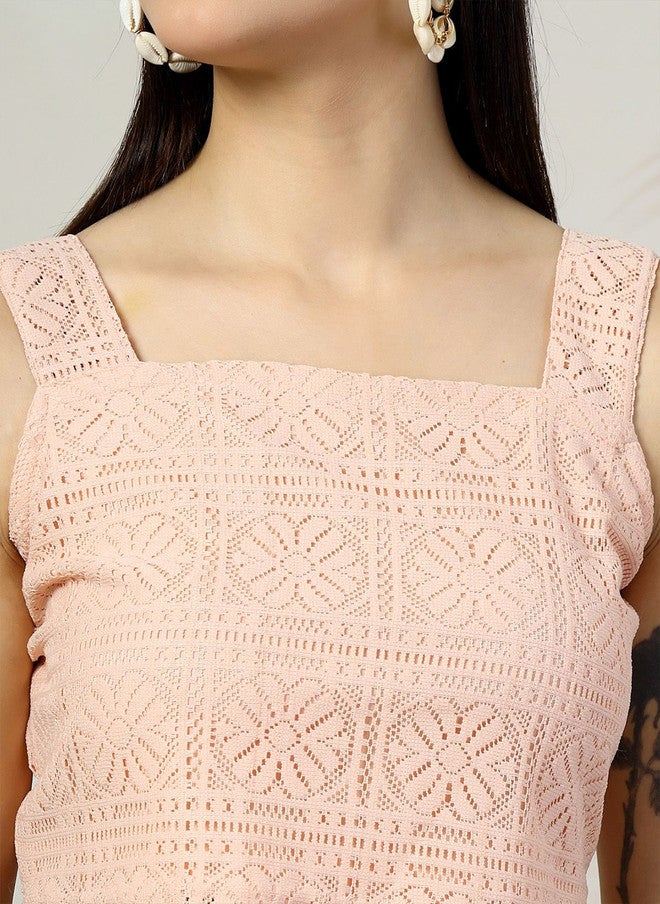 PlusS Pink Crochet Square Neck Crop Top for Women - Image 2