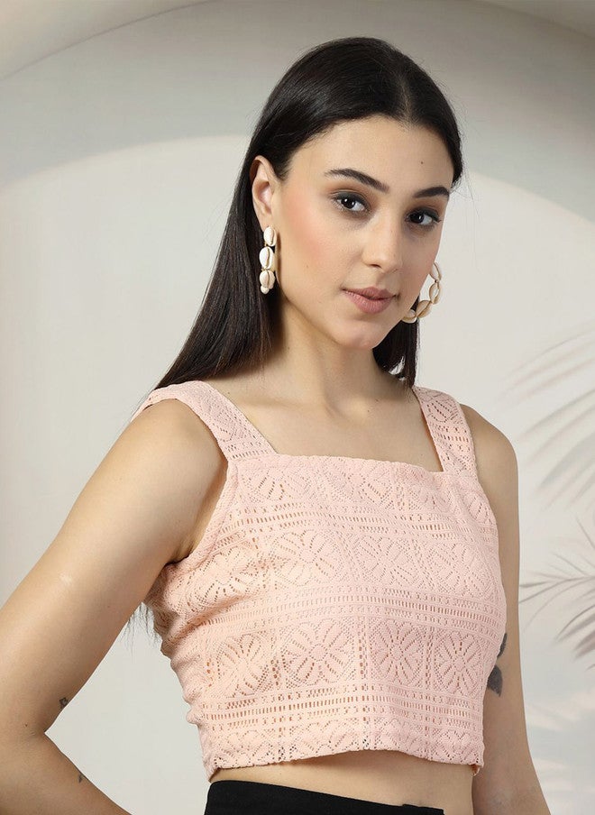 PlusS Pink Crochet Square Neck Crop Top for Women - Image 3