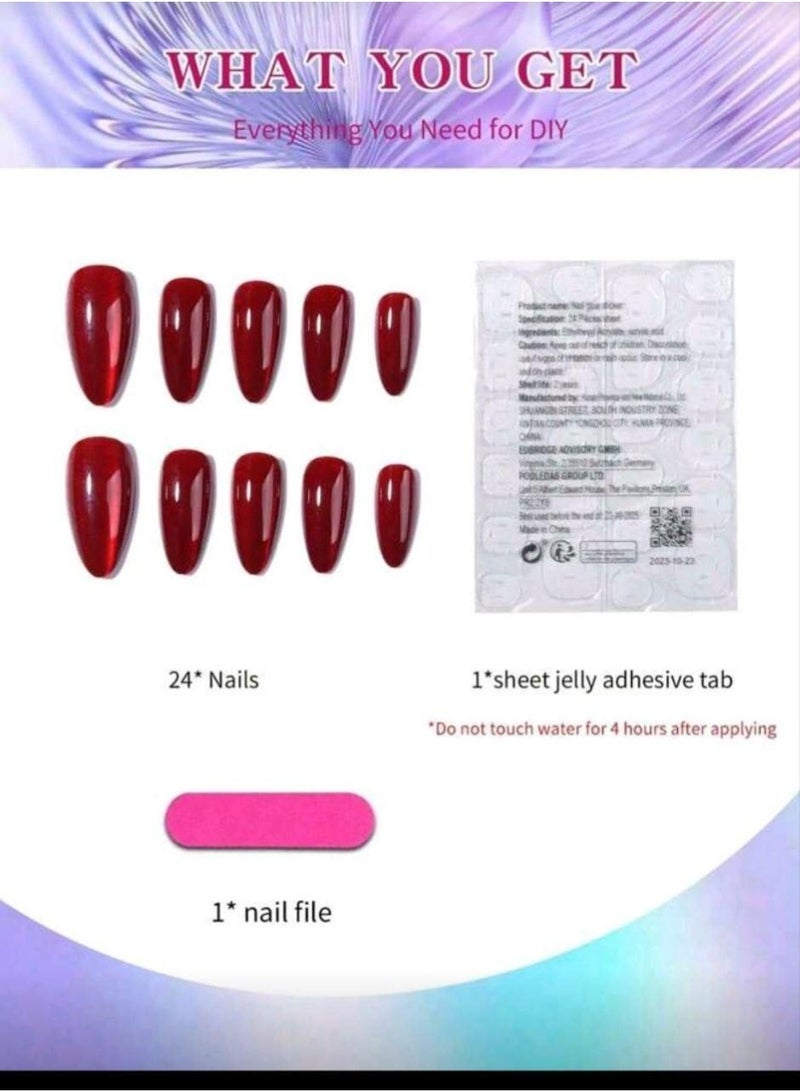 Shein 24pcs Nails Red Crystal-Cat Eye Press On Nails Long Almond Red - Image 2