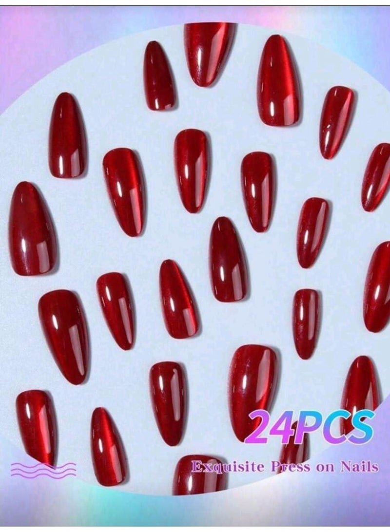Shein 24pcs Nails Red Crystal-Cat Eye Press On Nails Long Almond Red - Image 3