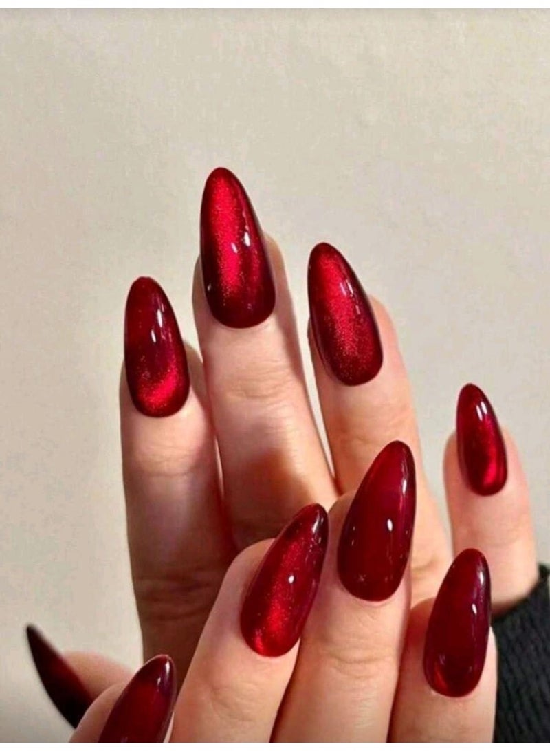 Shein 24pcs Nails Red Crystal-Cat Eye Press On Nails Long Almond Red - Image 1