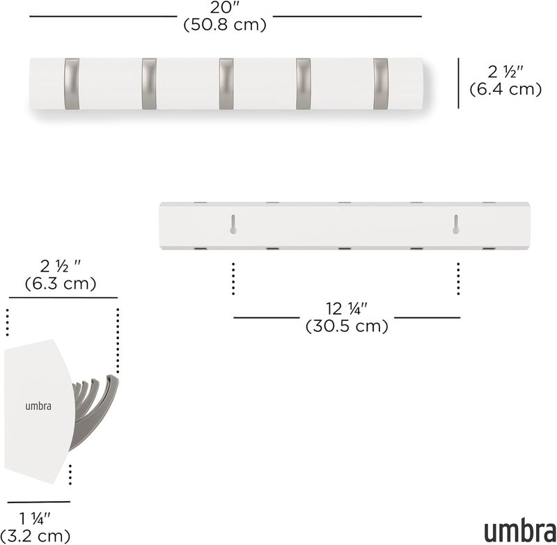 Umbra Flip 5-Hook Wall Mounted Coat Rack - Modern White and Nickel Design for Coats, Scarves, and Bags - Image 3