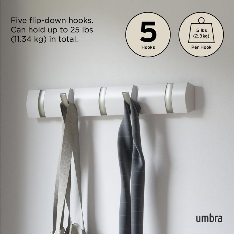 Umbra Flip 5-Hook Wall Mounted Coat Rack - Modern White and Nickel Design for Coats, Scarves, and Bags - Image 5