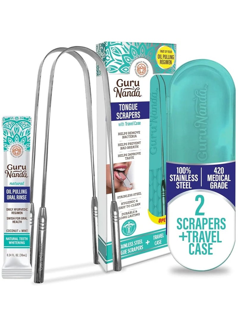 GuruNanda Tongue Scraper for Adults (2 Pack) with Travel Case, 420 Medical-Grade 100% Stainless Steel Tongue Cleaner, Aids in Fresh Breath & Oral Care  - Image 1