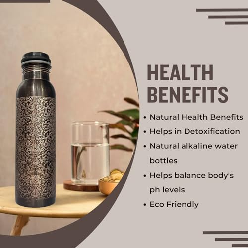 Piepot Copper Water Bottle 1 Ltr | Copper Water Bottle with Glass Set | Meena Work | 100% Pure | Leak-Proof | 2 Water Glass 300ml each | Best for Gifting ((Dark Brown Design)) - Image 5