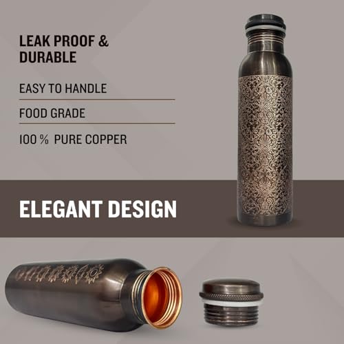 Piepot Copper Water Bottle 1 Ltr | Copper Water Bottle with Glass Set | Meena Work | 100% Pure | Leak-Proof | 2 Water Glass 300ml each | Best for Gifting ((Dark Brown Design)) - Image 3