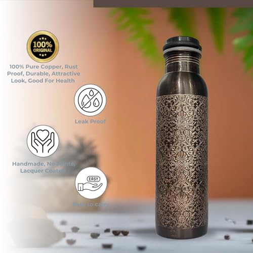 Piepot Copper Water Bottle 1 Ltr | Copper Water Bottle with Glass Set | Meena Work | 100% Pure | Leak-Proof | 2 Water Glass 300ml each | Best for Gifting ((Dark Brown Design)) - Image 4