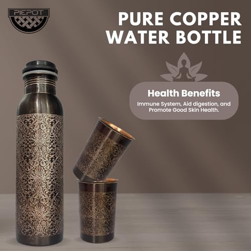 Piepot Copper Water Bottle 1 Ltr | Copper Water Bottle with Glass Set | Meena Work | 100% Pure | Leak-Proof | 2 Water Glass 300ml each | Best for Gifting ((Dark Brown Design)) - Image 2
