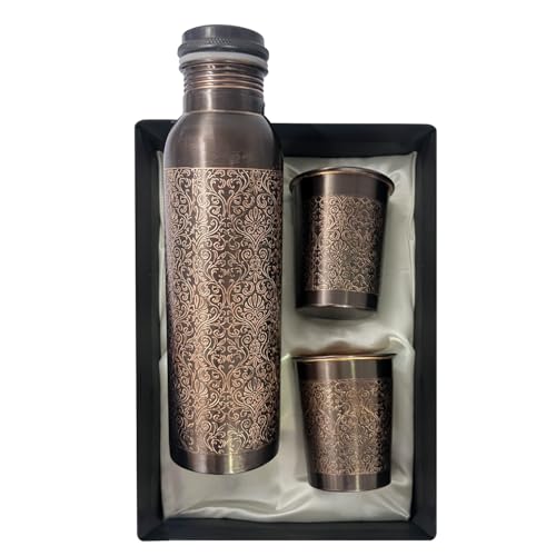 Piepot Copper Water Bottle 1 Ltr | Copper Water Bottle with Glass Set | Meena Work | 100% Pure | Leak-Proof | 2 Water Glass 300ml each | Best for Gifting ((Dark Brown Design)) - Image 1